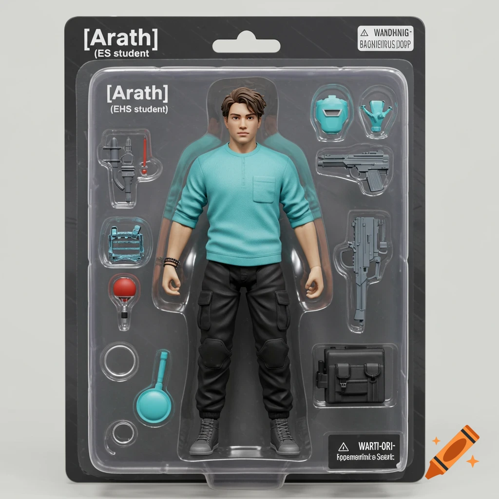 Action figure of a young man in a toy package with accessories.