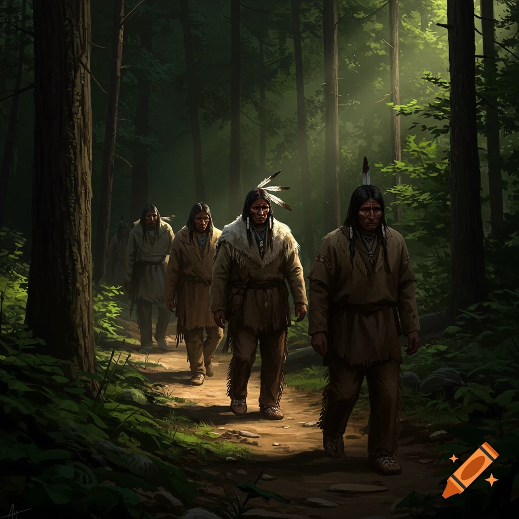 Native American men walking on a trail through a forest.