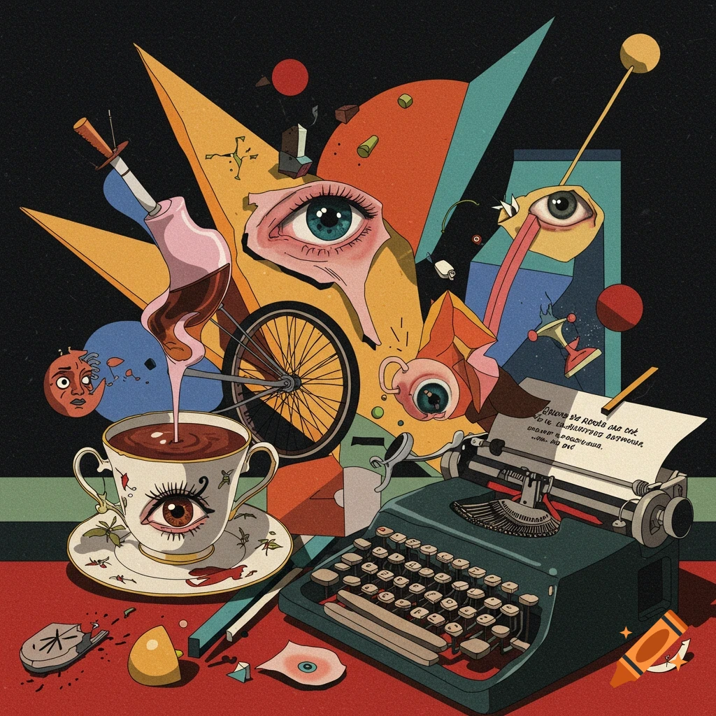 Surreal Dada scene with a typewriter, coffee cup with an eye, abstract shapes, and detached eyes.