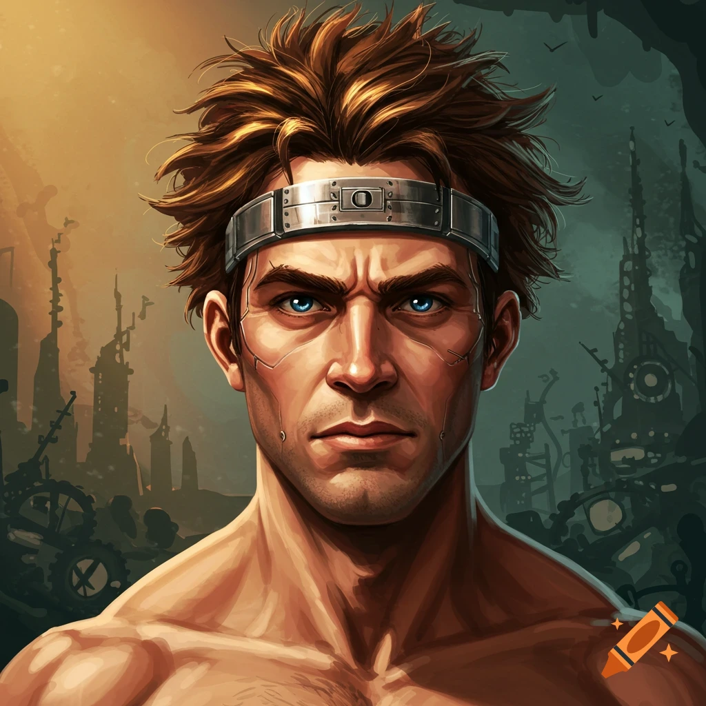 A muscular man with blue eyes and metal headband against an industrial background.