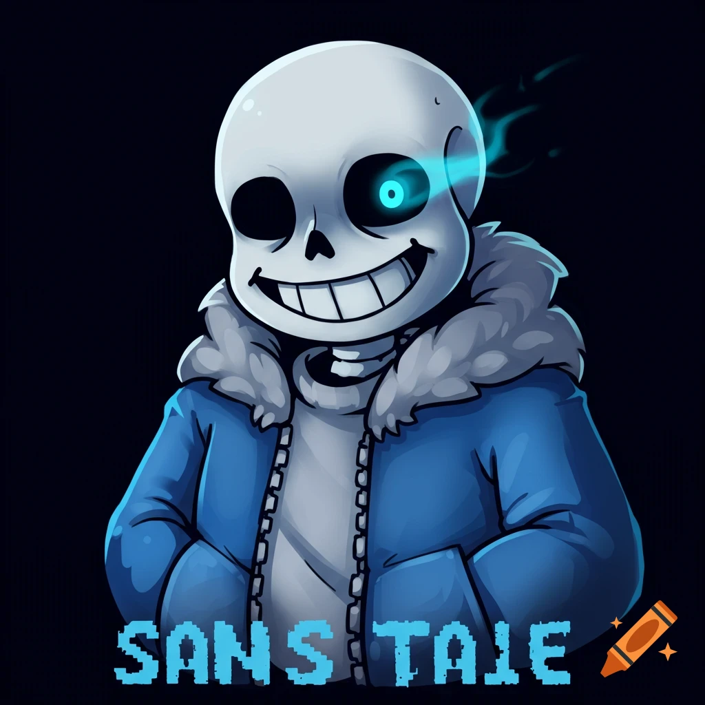 Cartoon character Sans from Undertale smiling with glowing eye and text