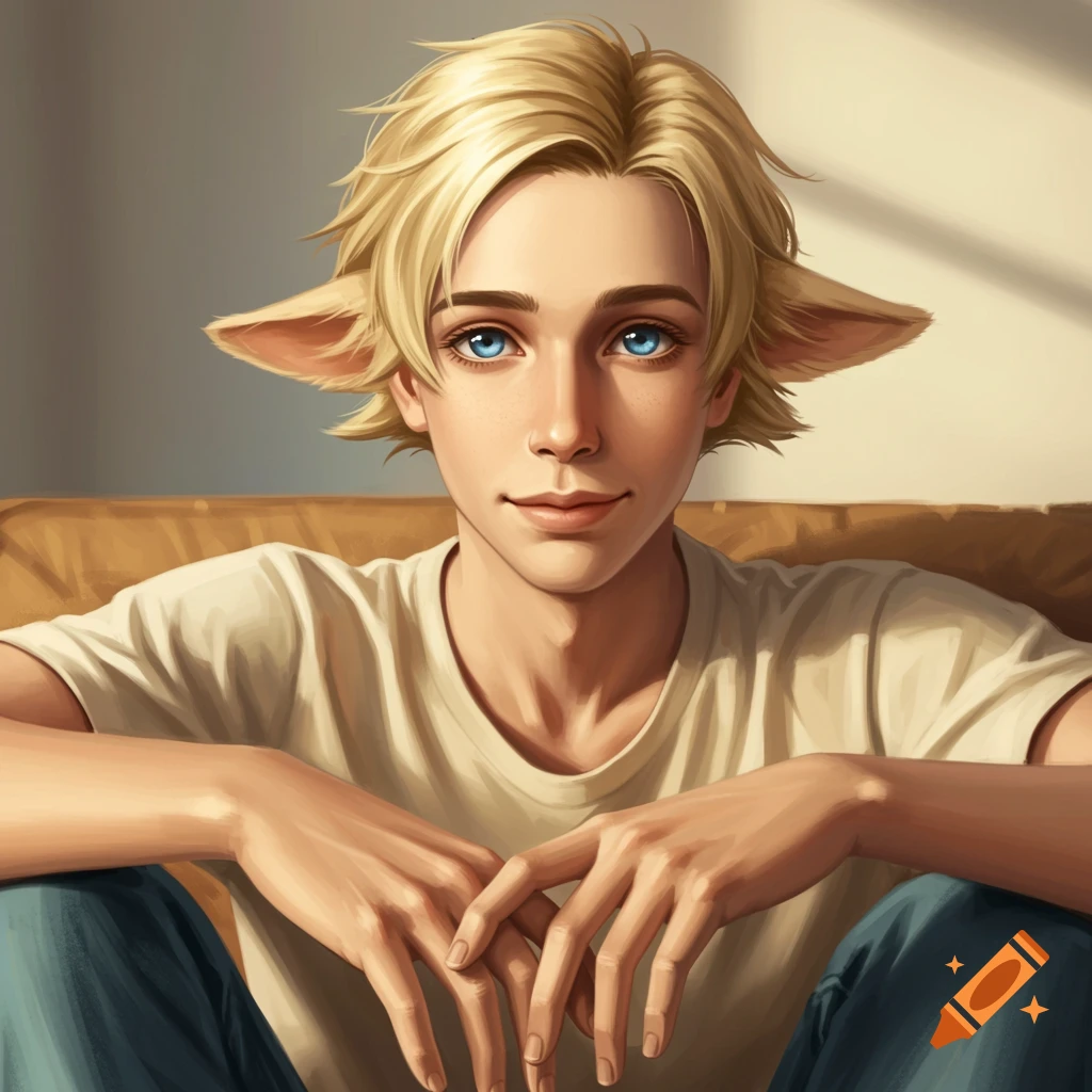 Portrait of a young man with blonde hair, blue eyes, and elf-like ears, sitting with hands clasped. Stylized art.