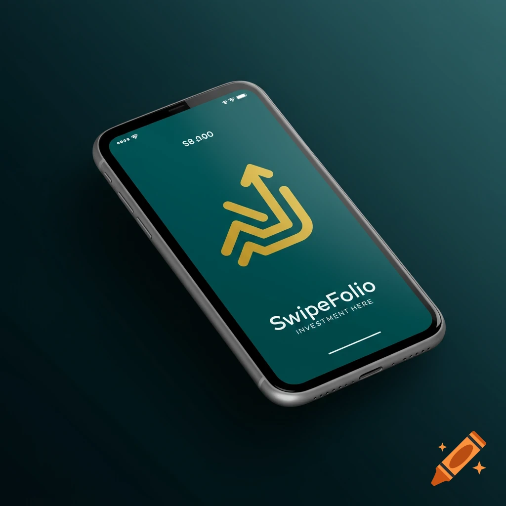 Mobile phone displaying a fintech app logo and name 'SwipeFolio'