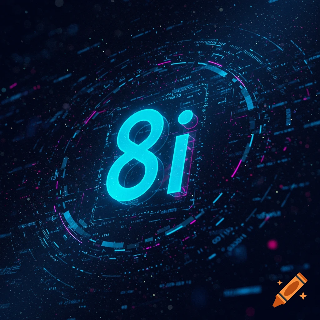 Glowing blue 8i symbol in a futuristic digital network graphic.