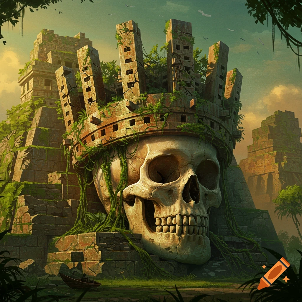 Giant skull structure with a crown of ruins in Mayan-style jungle ruins.