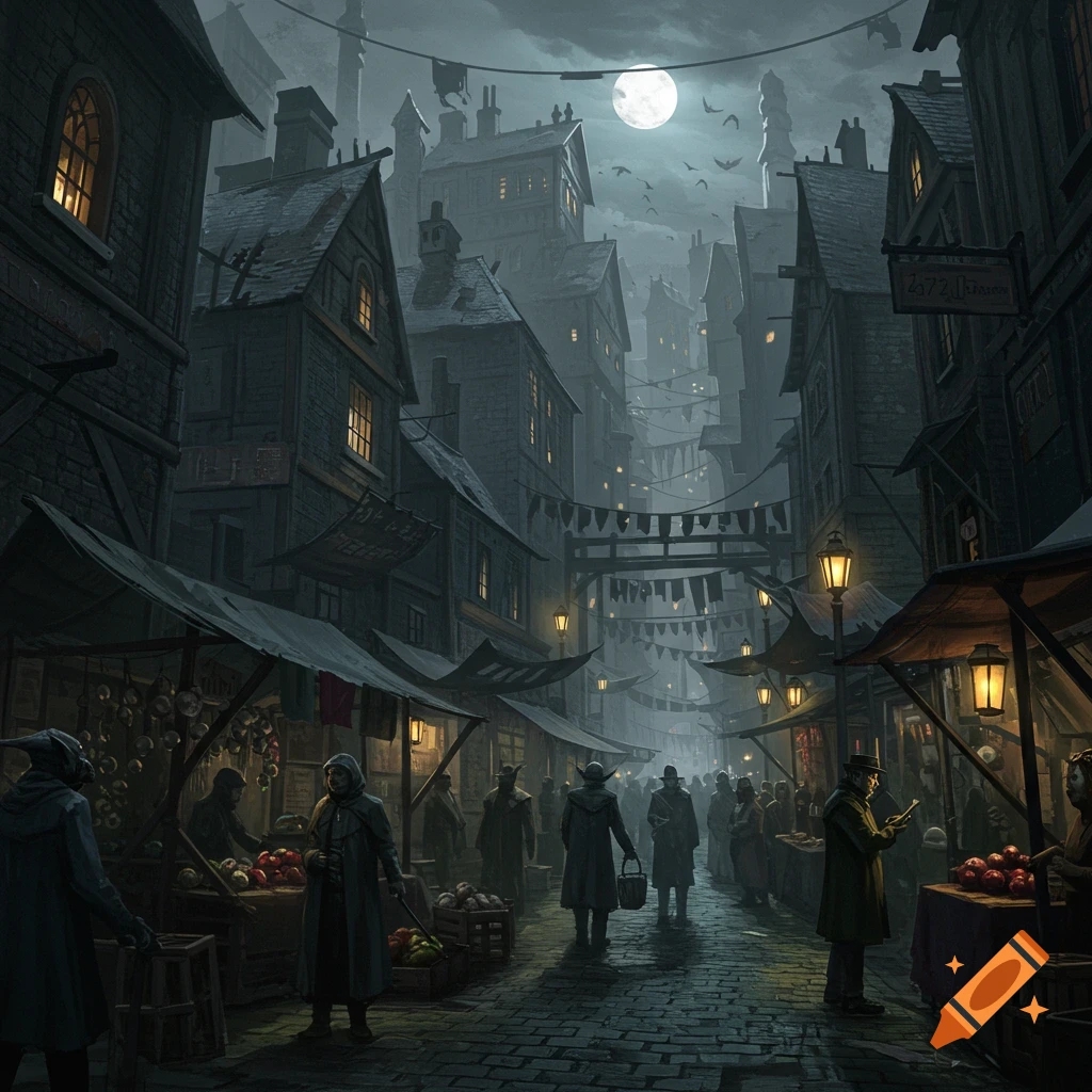 A dingy fantasy city night market under a full moon, with figures browsing stalls.