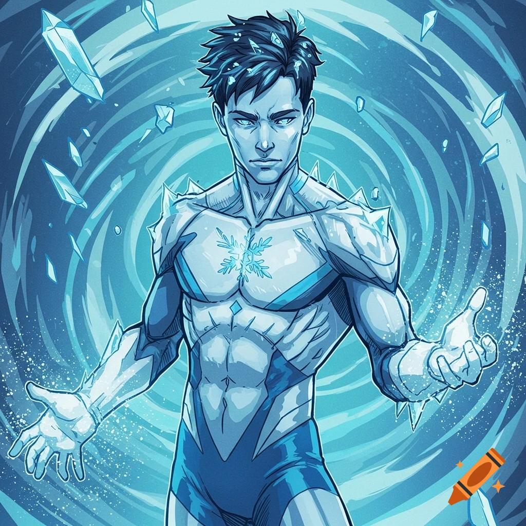 Drawing of a male superhero with ice armor and powers, surrounded by ice crystals.