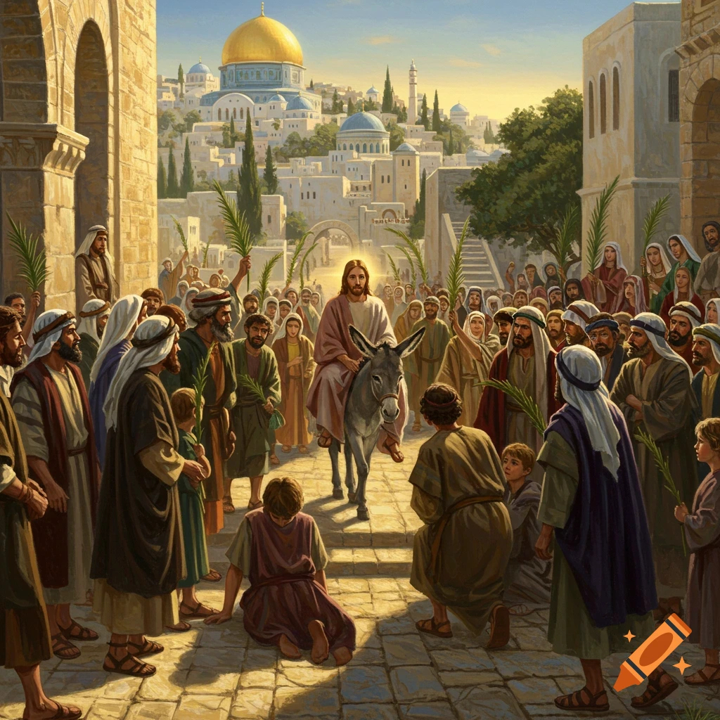 Jesus rides a donkey into Jerusalem, greeted by a crowd with palm fronds.