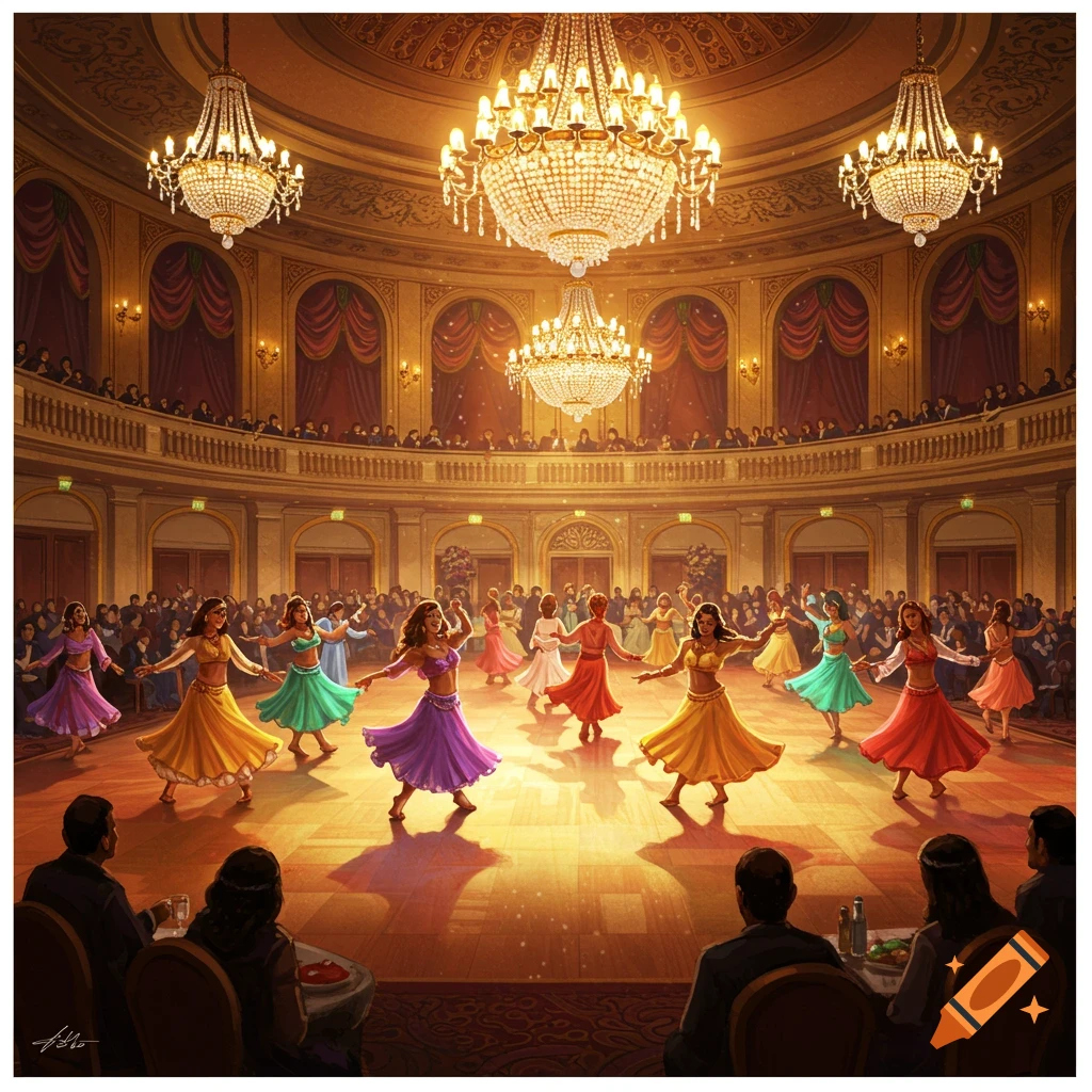 Dancers in colorful costumes are in a grand ballroom with chandeliers and an audience on a balcony.