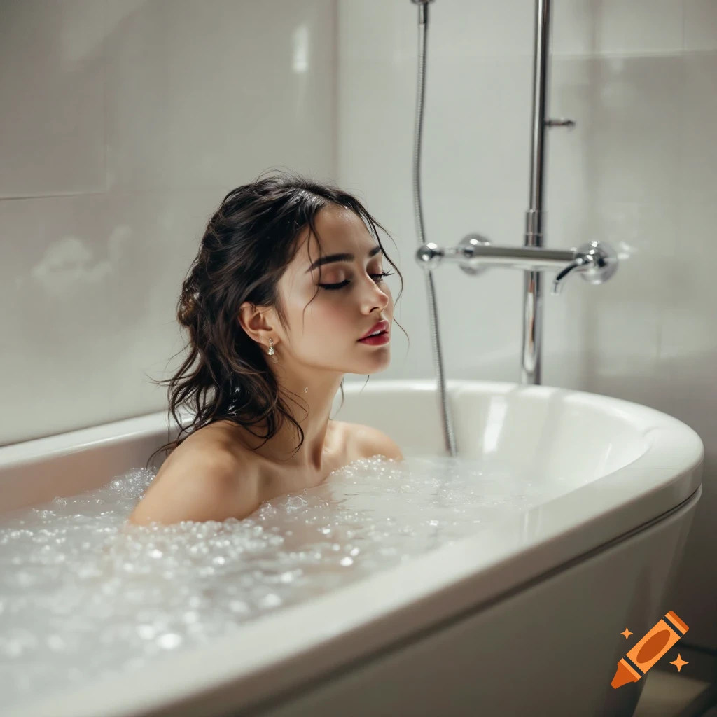 A young woman with eyes closed relaxing in a bubble bath.