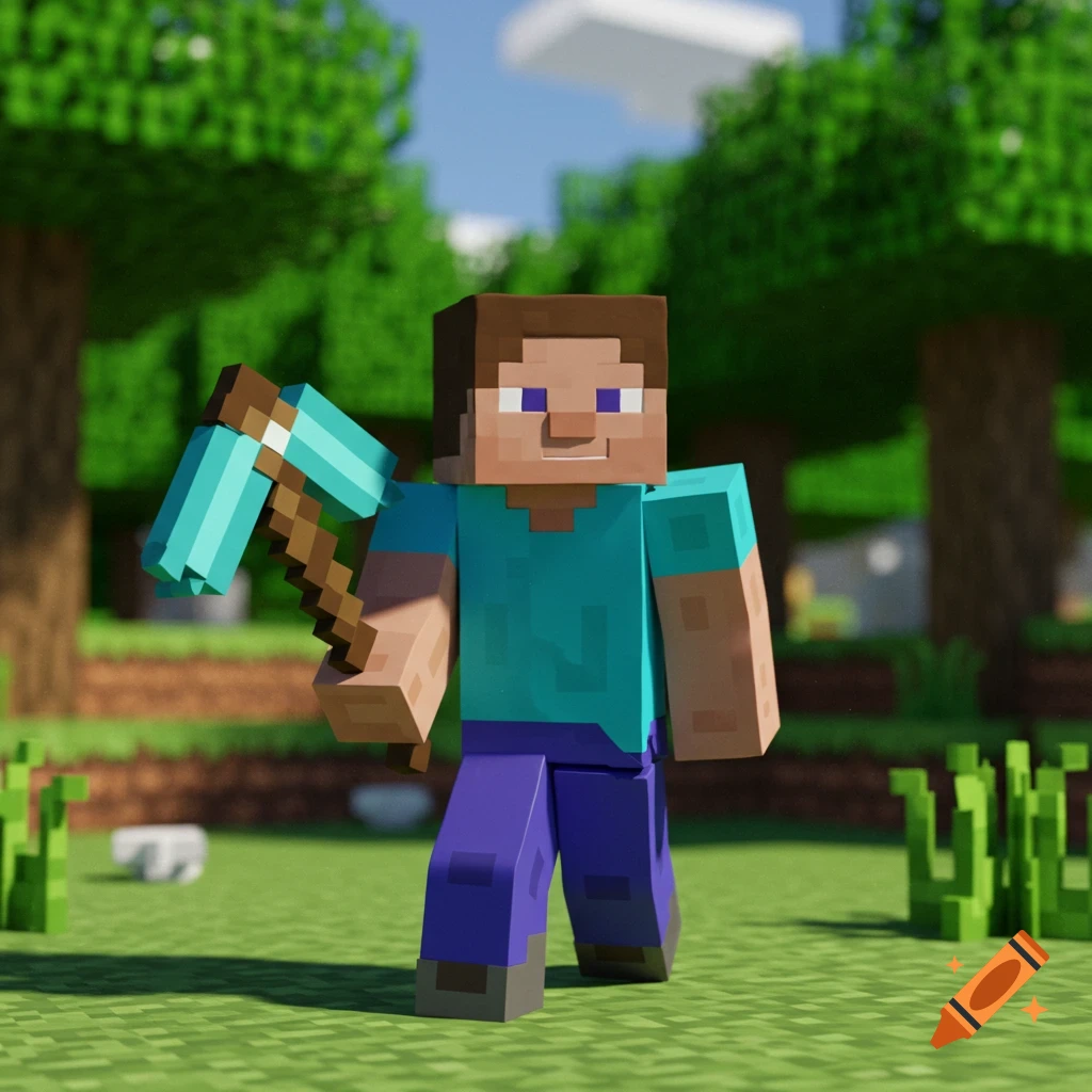 3D render of Minecraft character Steve holding a diamond pickaxe in a blocky world.