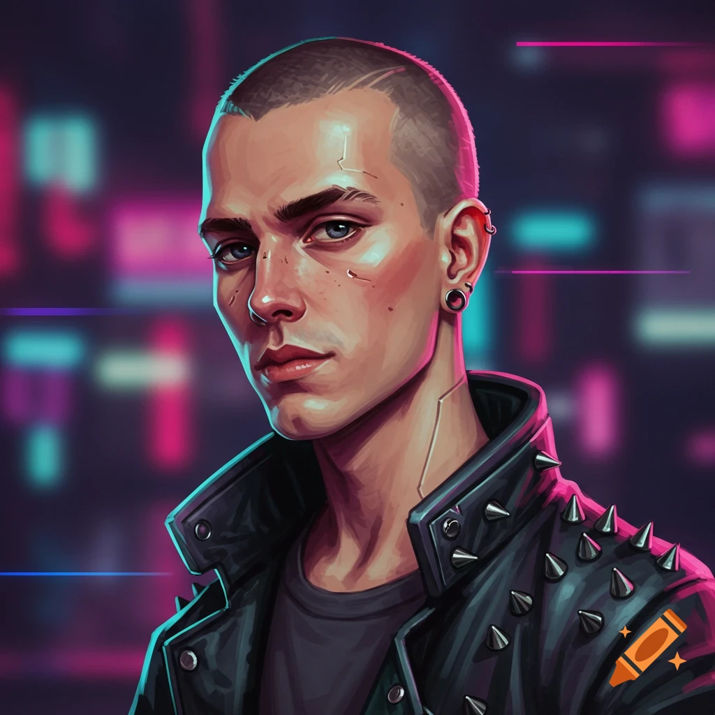 A young man with a buzz cut and studded jacket stands against a backdrop of neon lights.