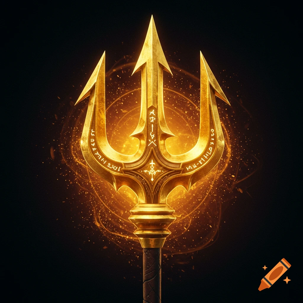 Golden trident with glowing magical energy and symbols.