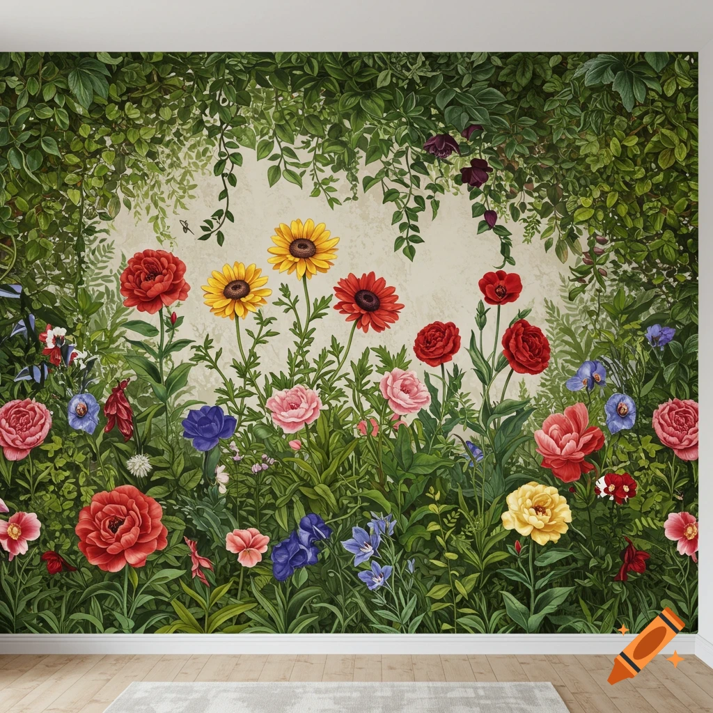 A detailed painted wall mural of a lush garden filled with various colorful flowers and climbing green vines.