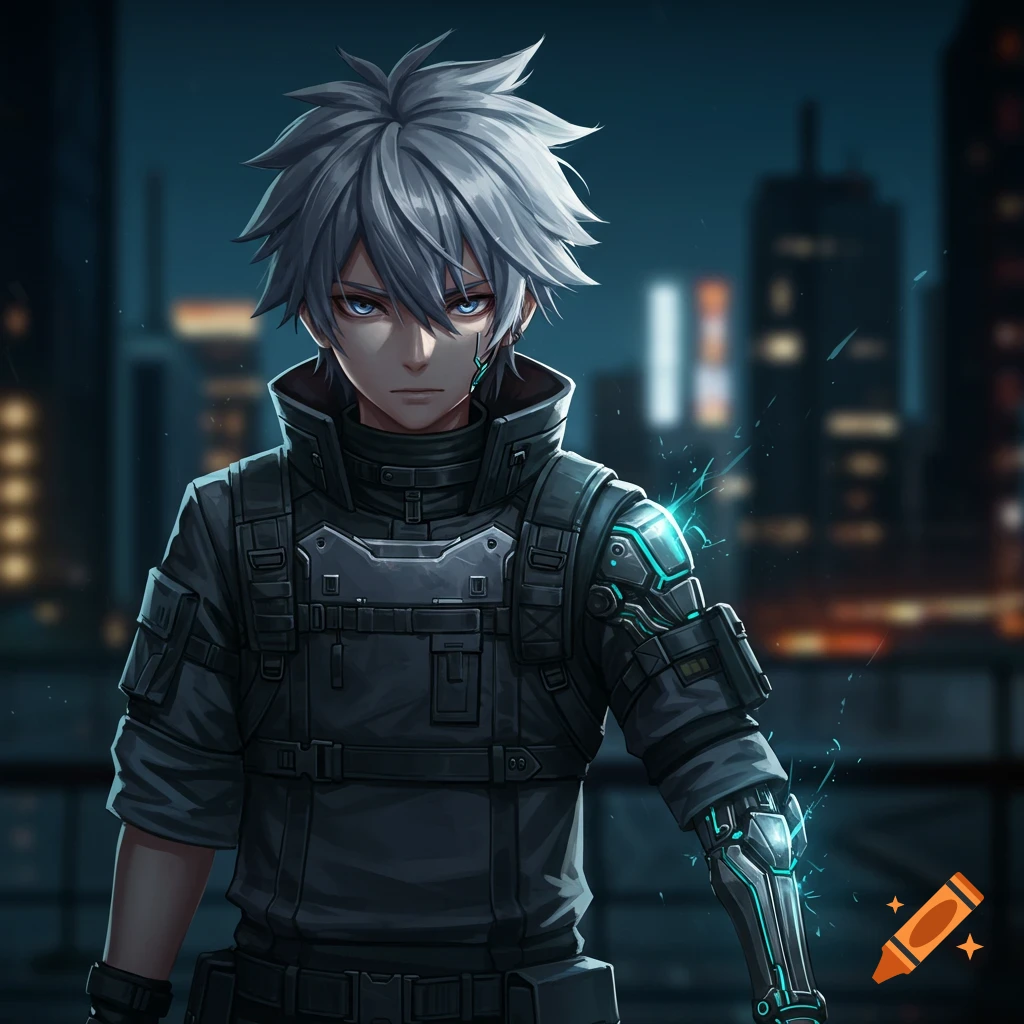 Anime boy in futuristic black armor with cybernetic arm standing in a city at night