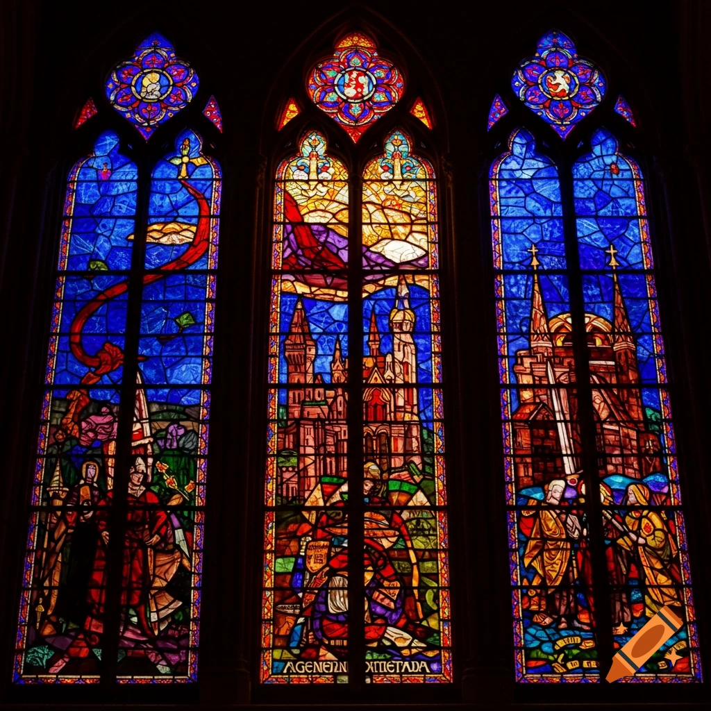Three ornate stained glass windows depicting figures and buildings.