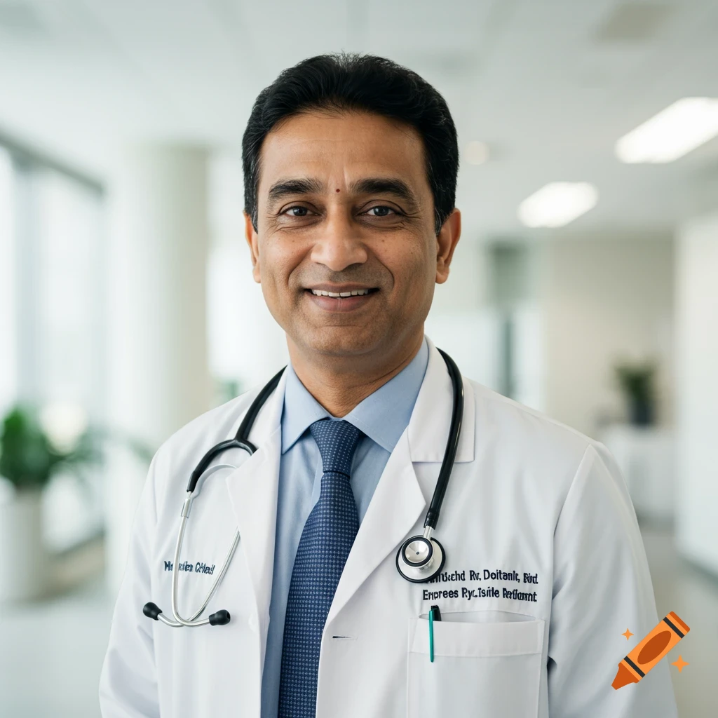 A smiling doctor in a white coat with a stethoscope around his neck