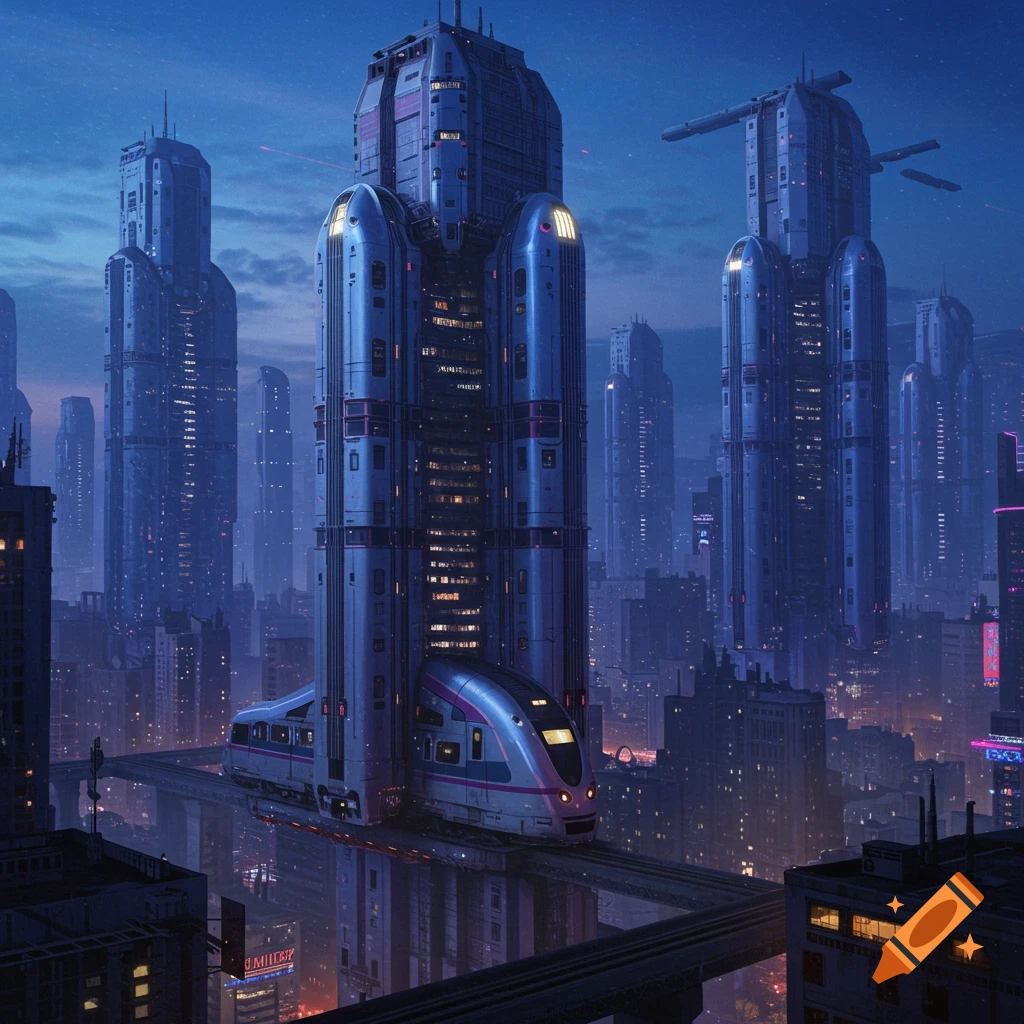 A futuristic city at night with tall, cylindrical skyscrapers resembling trains and an elevated train passing through.