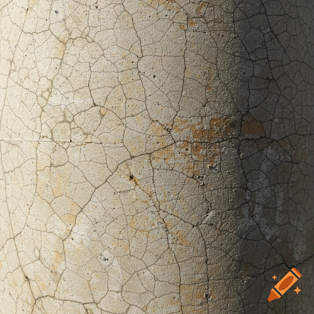 Close-up texture of cracked concrete on a pillar with shadow.