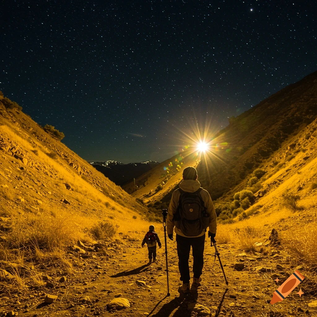 People hiking up a mountain path at night under a starry sky with a bright light source ahead.