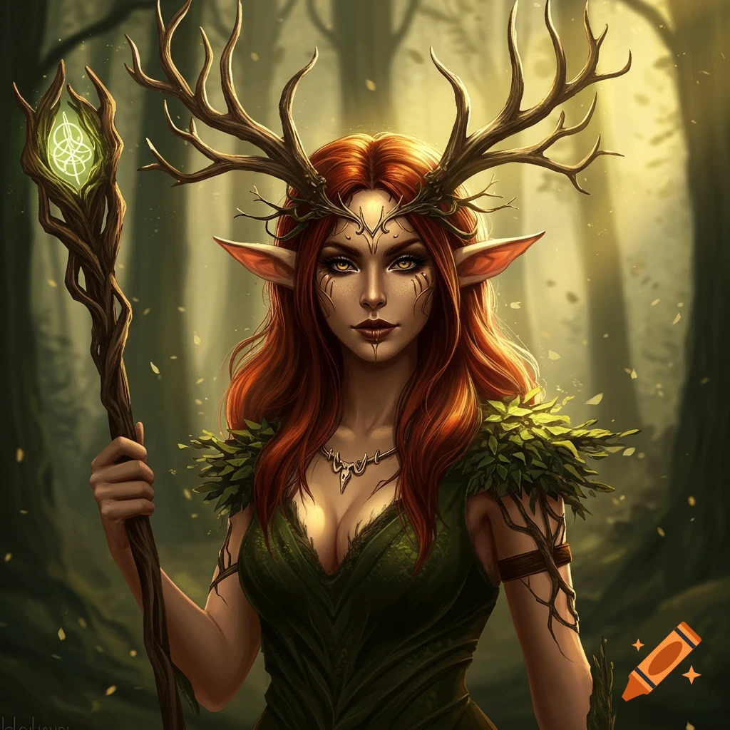 A female fantasy character with antlers and red hair holding a glowing staff in a forest.