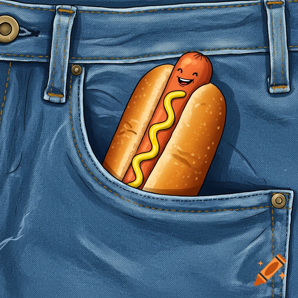 Cartoon happy hot dog with mustard in a jeans pocket