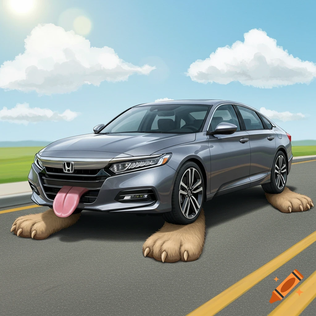 Grey Honda Accord car with furry dog feet for wheels and a large pink tongue sticking out, on a road under a sunny sky.