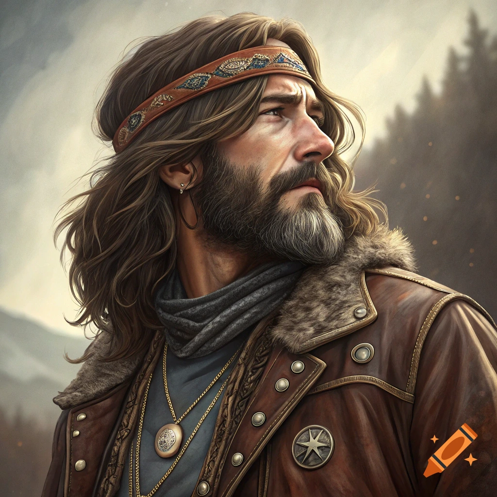 Portrait of a man with long hair, beard, headband, and leather jacket.
