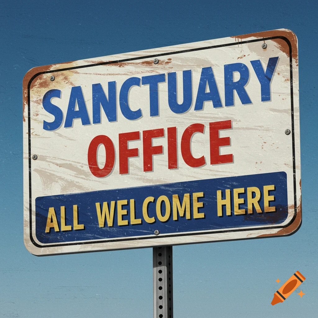 A distressed road sign against a blue sky reads: SANCTUARY OFFICE ALL WELCOME HERE.
