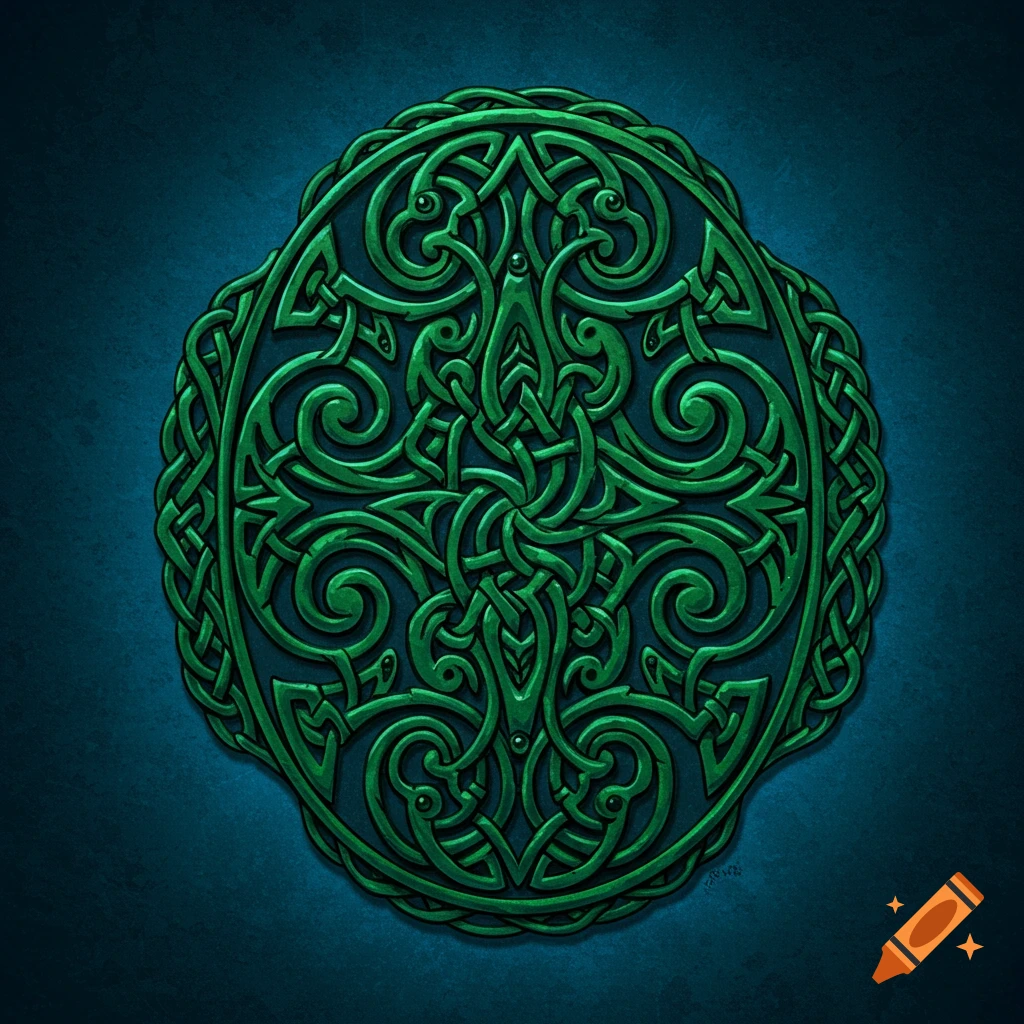 A green Celtic oval knot design on a blue background.