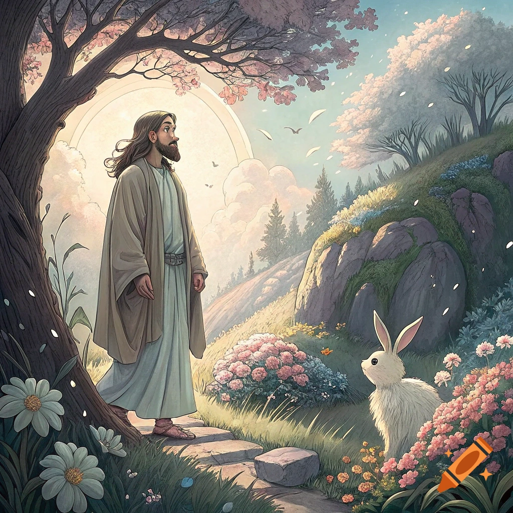 Illustration in Ghibli style of Jesus standing on a path in a vibrant, flowery landscape with a rabbit nearby.
