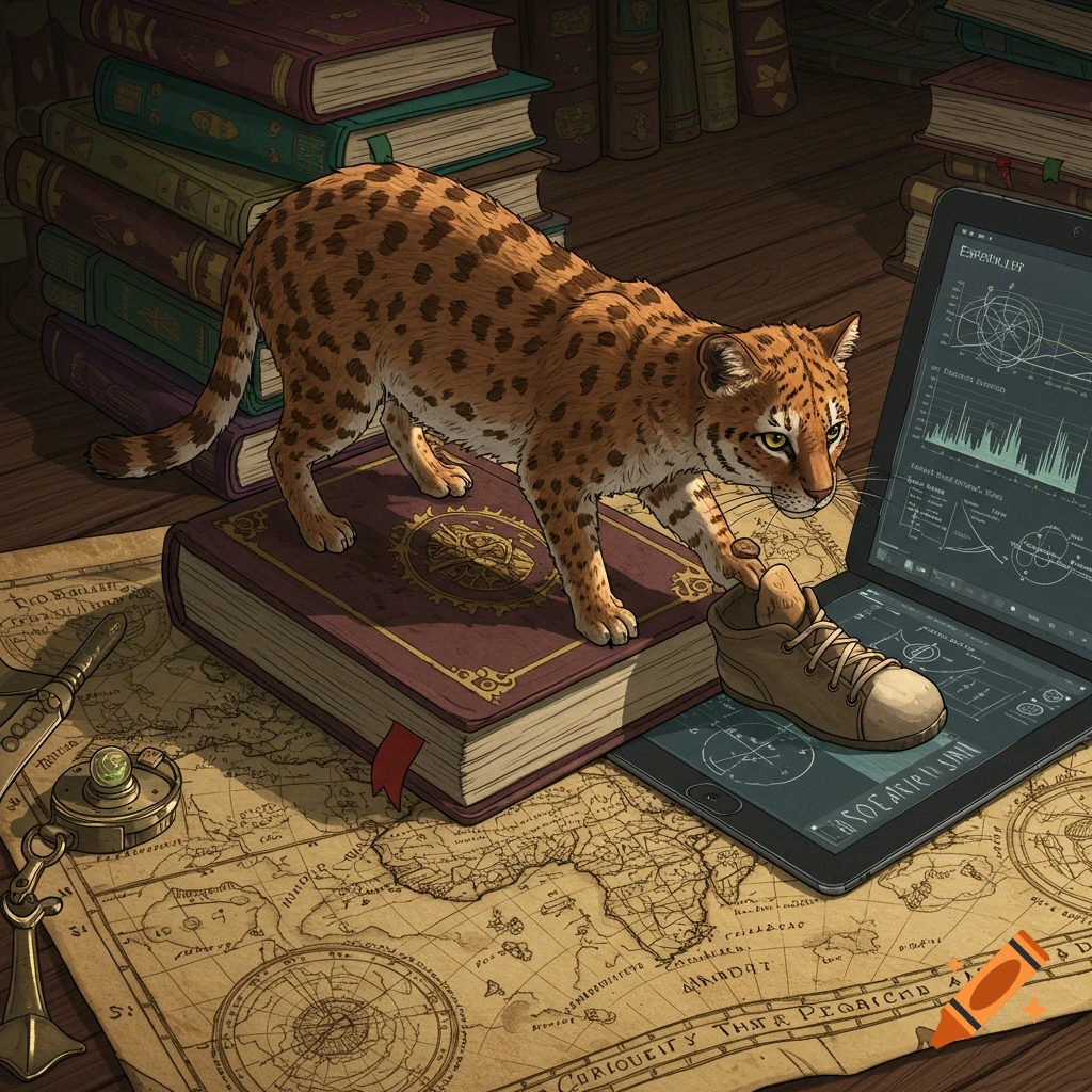 A spotted cat is standing on a book that is on top of a map. Next to the book is a laptop.
