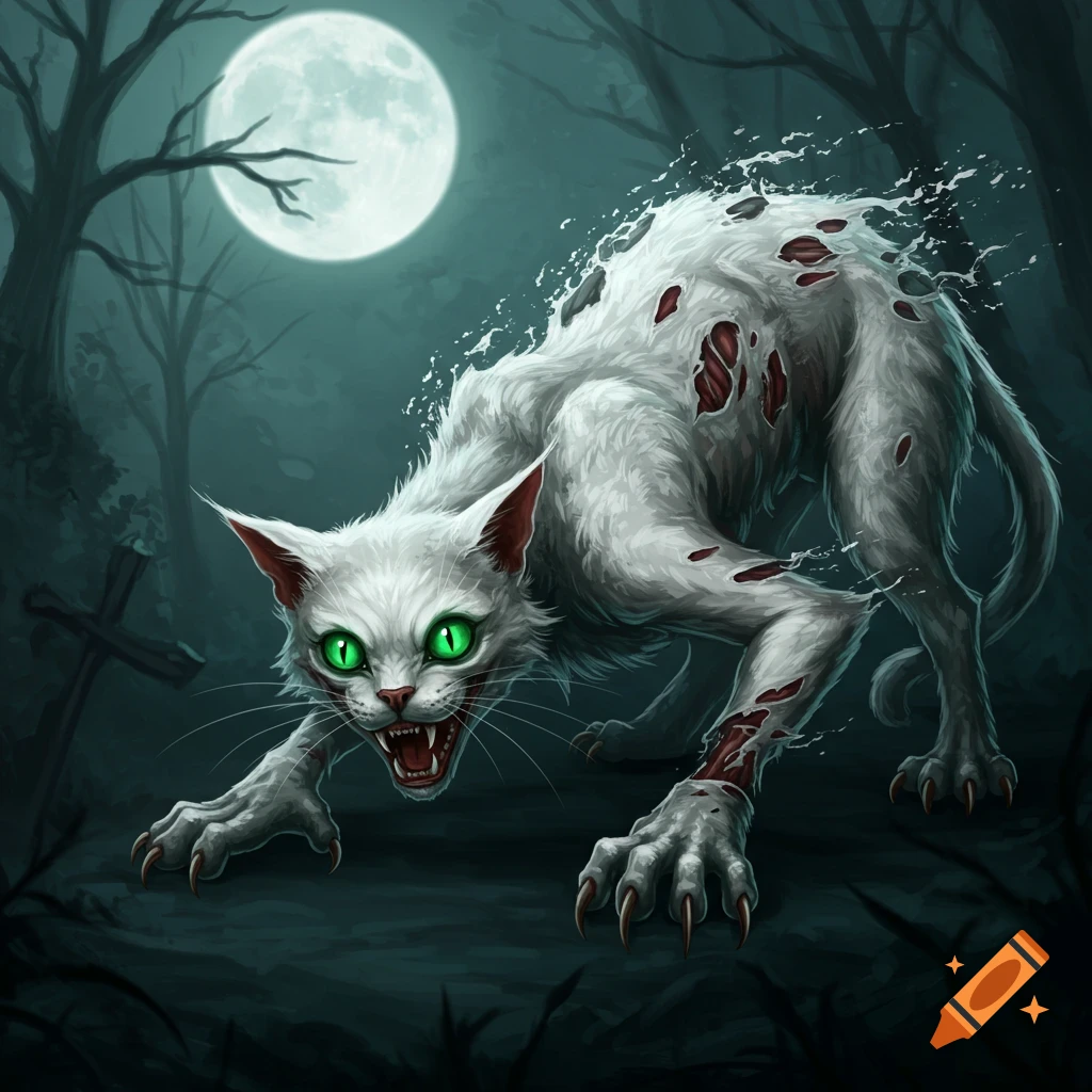 A scary zombie cat with green eyes in a graveyard under a full moon.