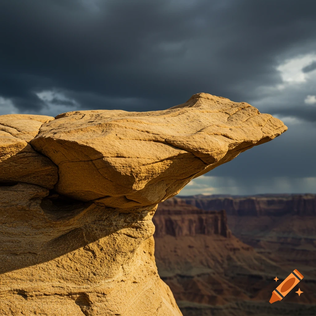 A close-up view of a large rock formation shaped like an arrow head, silhouetted against a dramatic, stormy sky.
