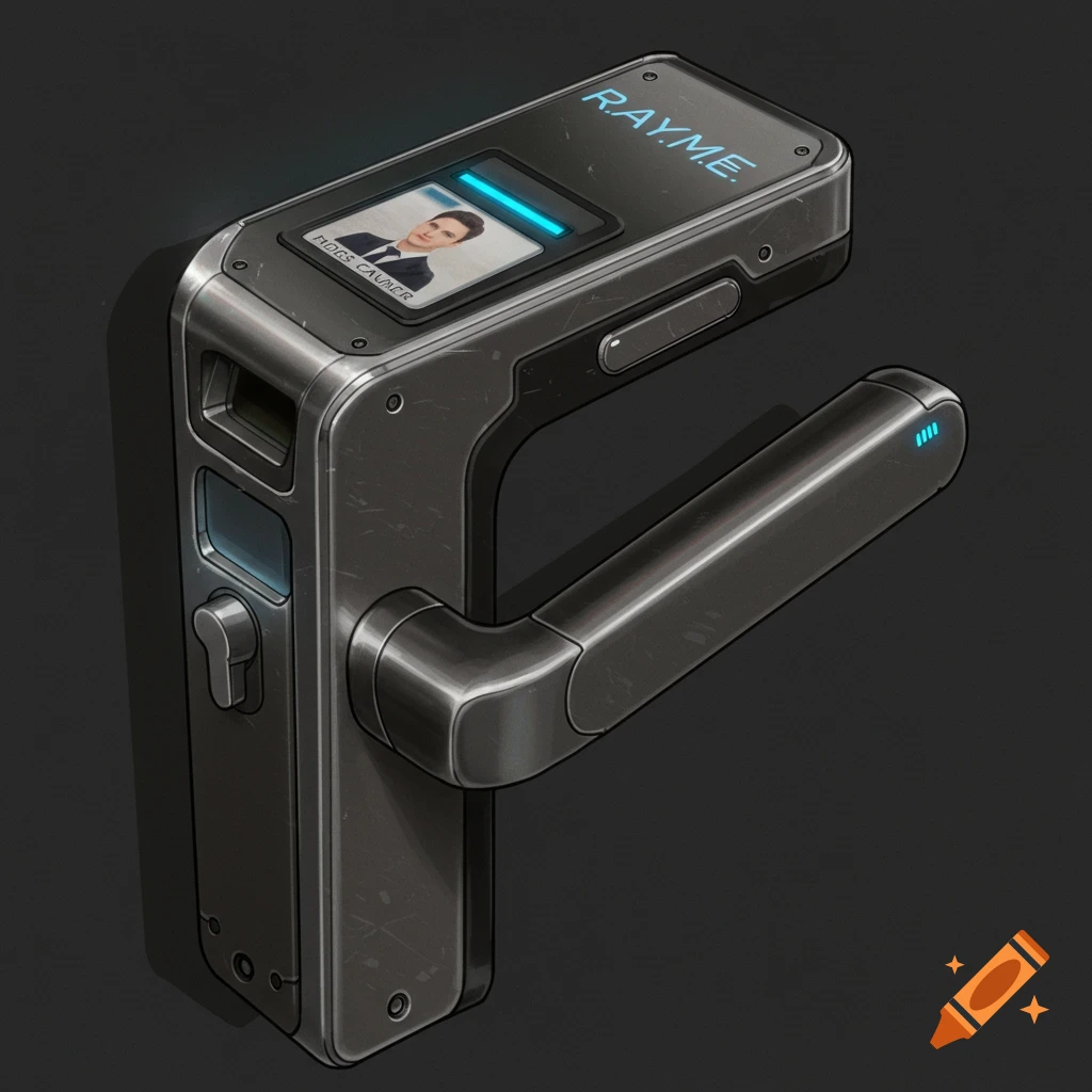 A futuristic door handle with an ID scanner screen displaying a face and text labels.