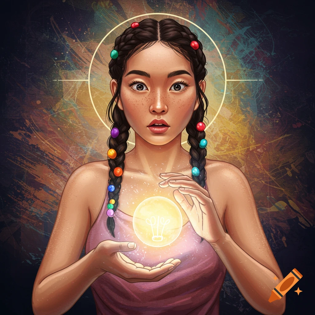 A young woman holds a glowing symbolic lightbulb between her hands.
