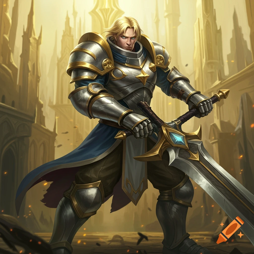 A man in silver and gold fantasy armor holds a large sword in a sunlit city.