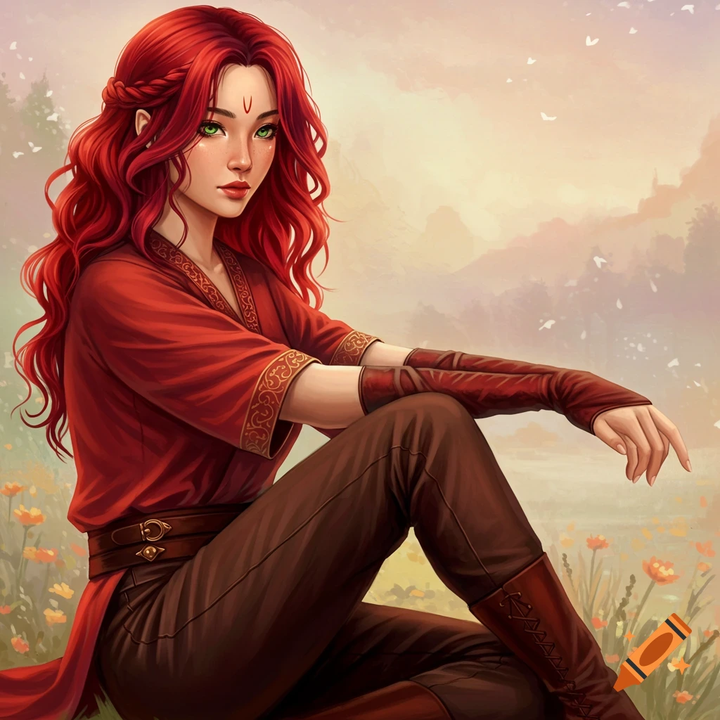A red-haired woman in a red tunic and brown trousers is sitting in a field.