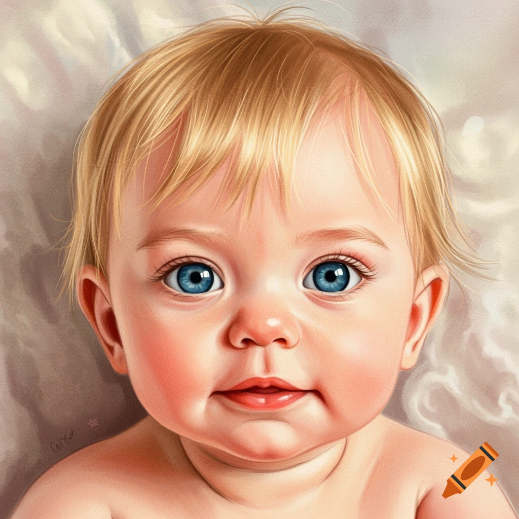 Close-up of a baby with blonde hair and bright blue eyes.