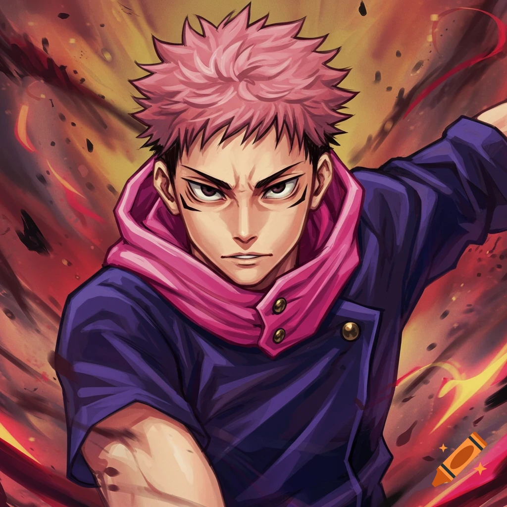 An anime illustration of a young man with pink spiky hair in a dark blue jacket and pink hood.