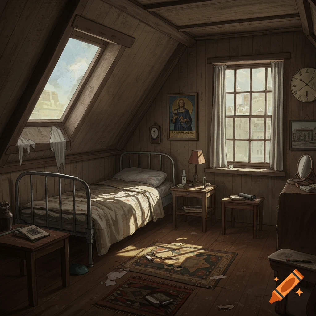 A dusty attic room with a bed, window, and skylight.