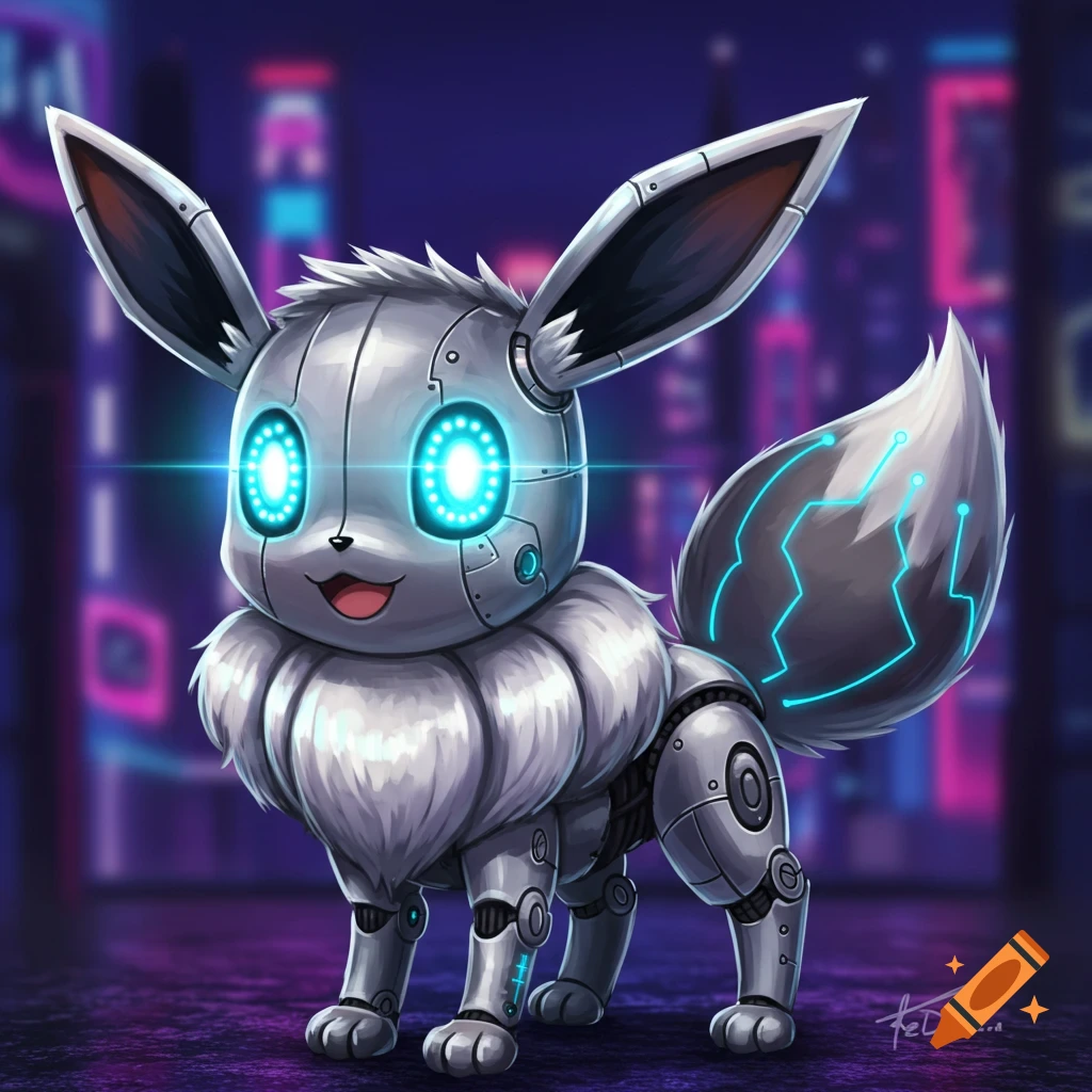 A robotic Eevee with glowing blue eyes standing in a neon city.