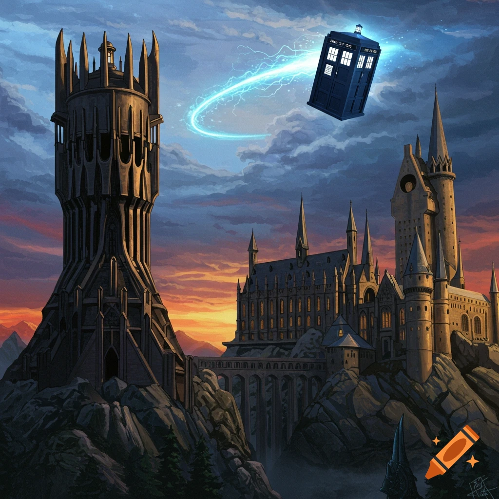 Two large fantasy castles stand on rocky peaks under a dramatic sky, with a blue police box (TARDIS) flying between them, leaving a trail of energy.