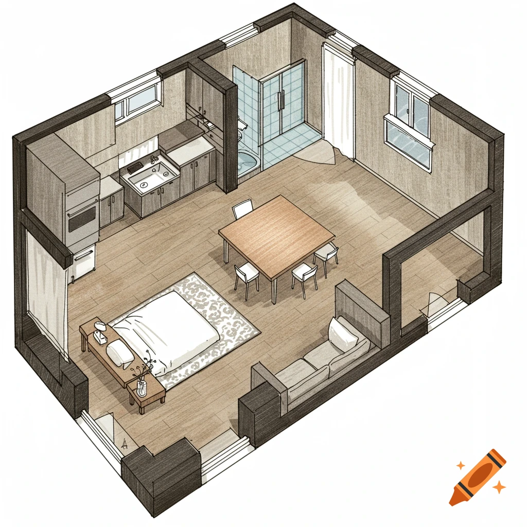 Isometric sketch of a room with kitchen, bathroom, bedroom, and living areas.