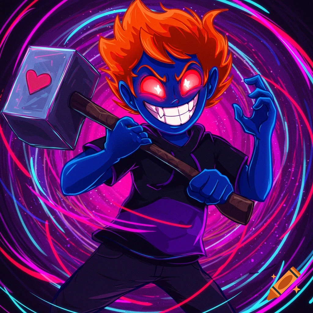 Cartoon of blue-skinned character with red eyes and orange hair holding a large hammer.