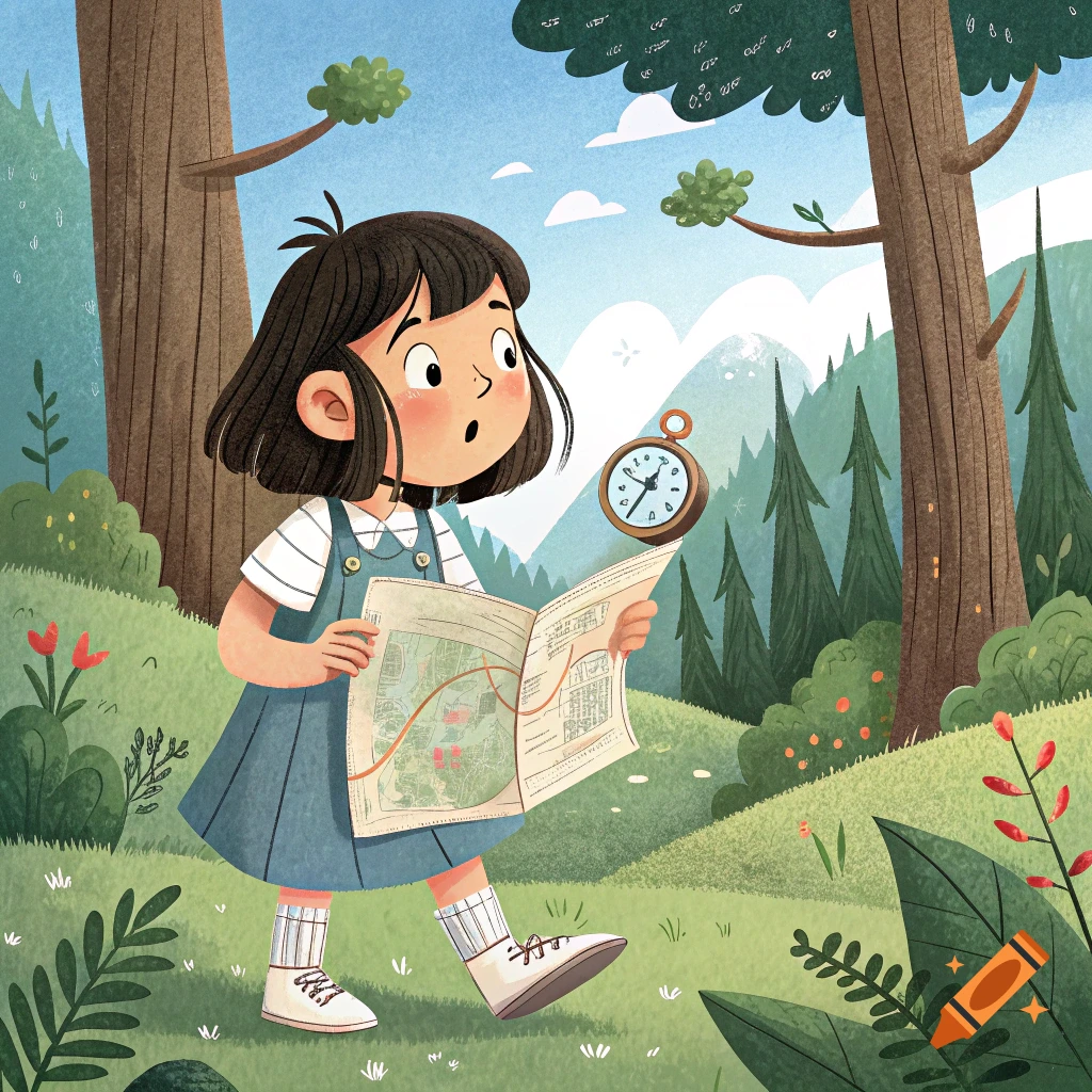 Illustration of a girl with a map and compass, looking surprised in a forest.