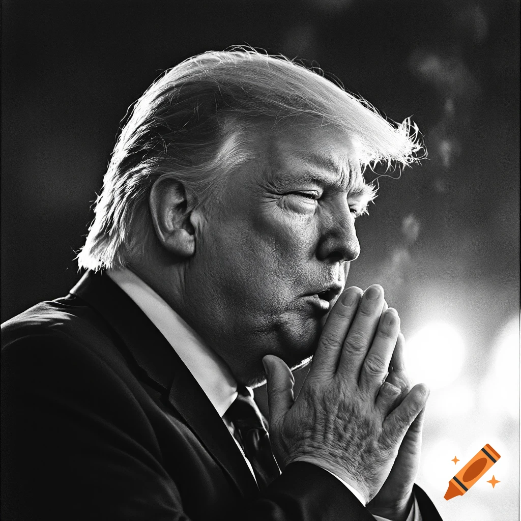 Black and white portrait of Donald Trump with hands clasped near his mouth, looking thoughtful.