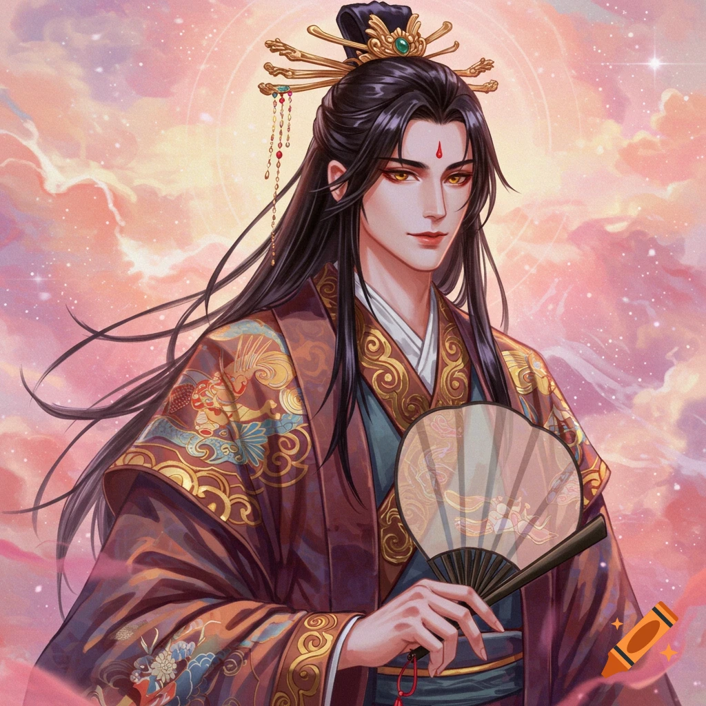 A man in ornate traditional Chinese clothing holding a fan against a cloudy sky.