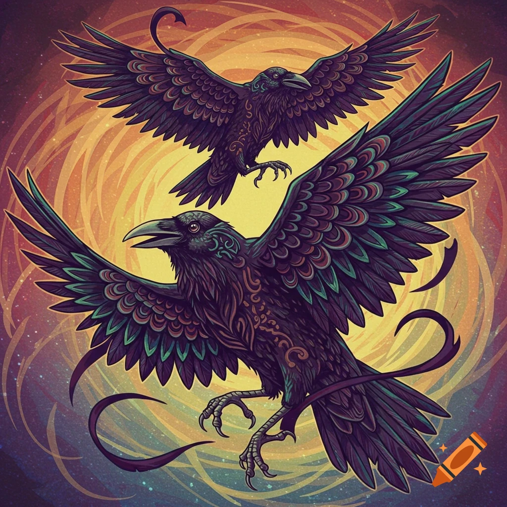 Two stylized tribal ravens flying against a colorful, circular background.