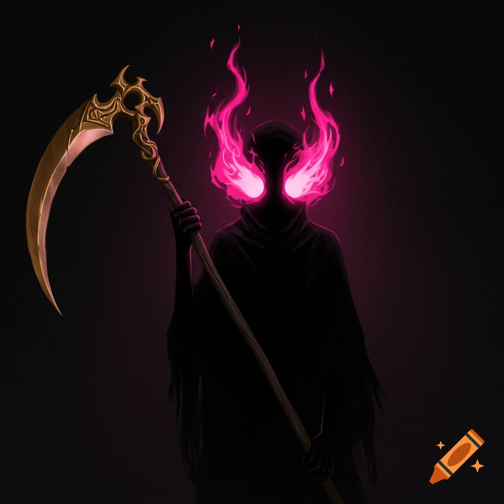 A shadowy hooded figure with pink flame eyes holding a gold scythe.